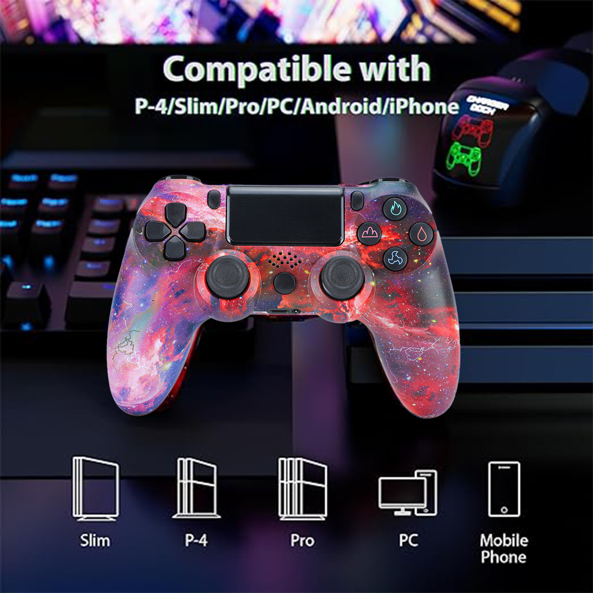 Ein mehrfarbiger Gaming-Controller wird angezeigt. Es ist mit verschiedenen Gaming-Plattformen kompatibel, einschließlich PC und iPhone.