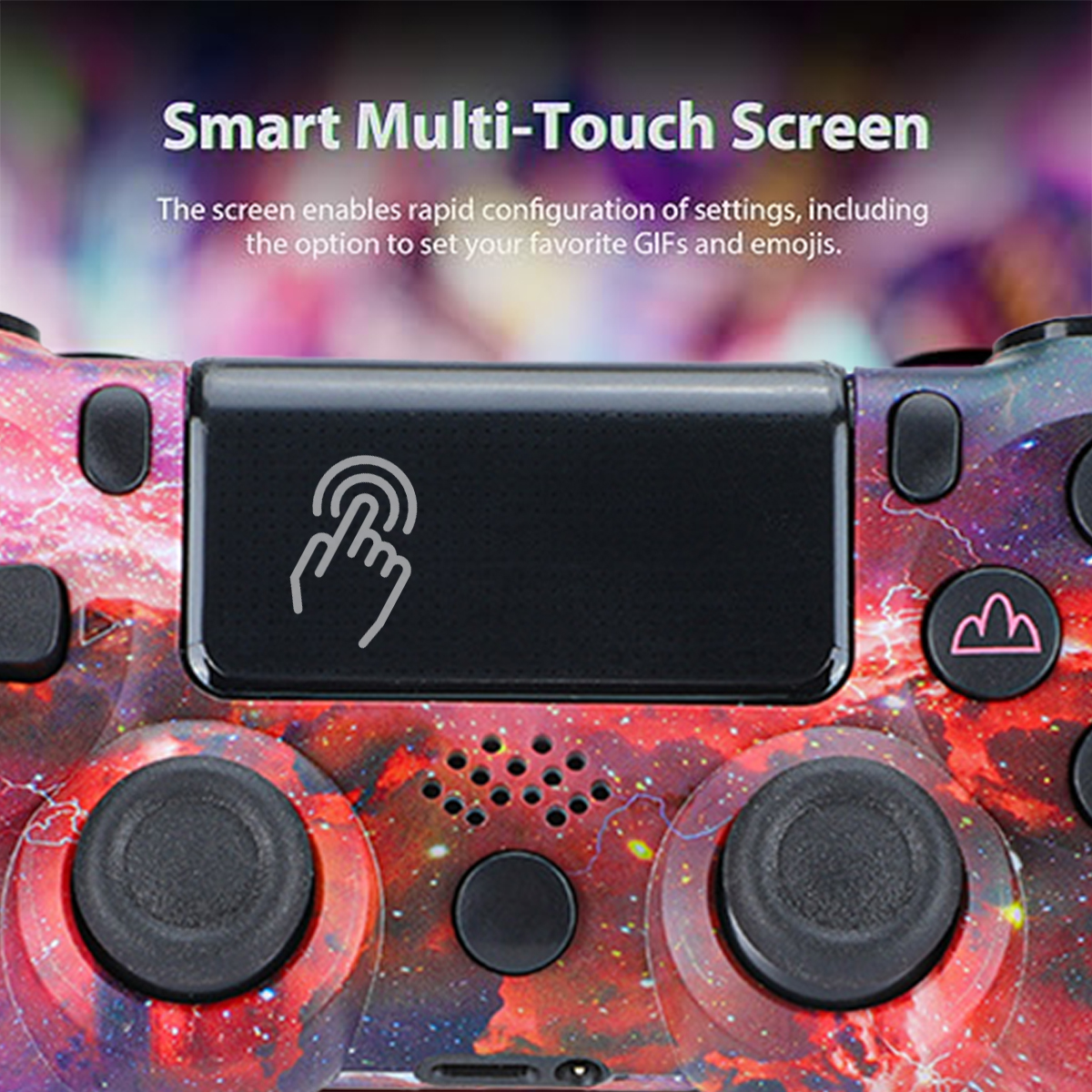 Nahaufnahme eines Spielcontrollers im Galaxiestil mit Touchscreen-Funktion mit der Bezeichnung 'Smart Multi-Touch Screen'.