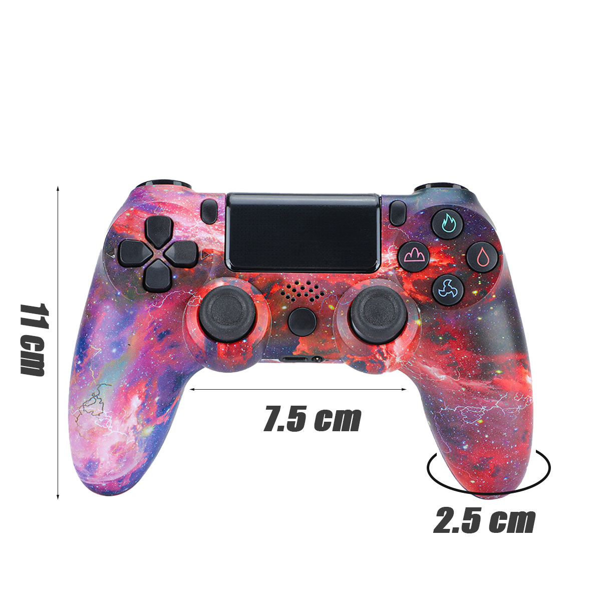 Ein Spielcontroller im Galaxiestil mit den Maßen: 11 cm hoch, 7,5 cm breit und 2,5 cm dick.