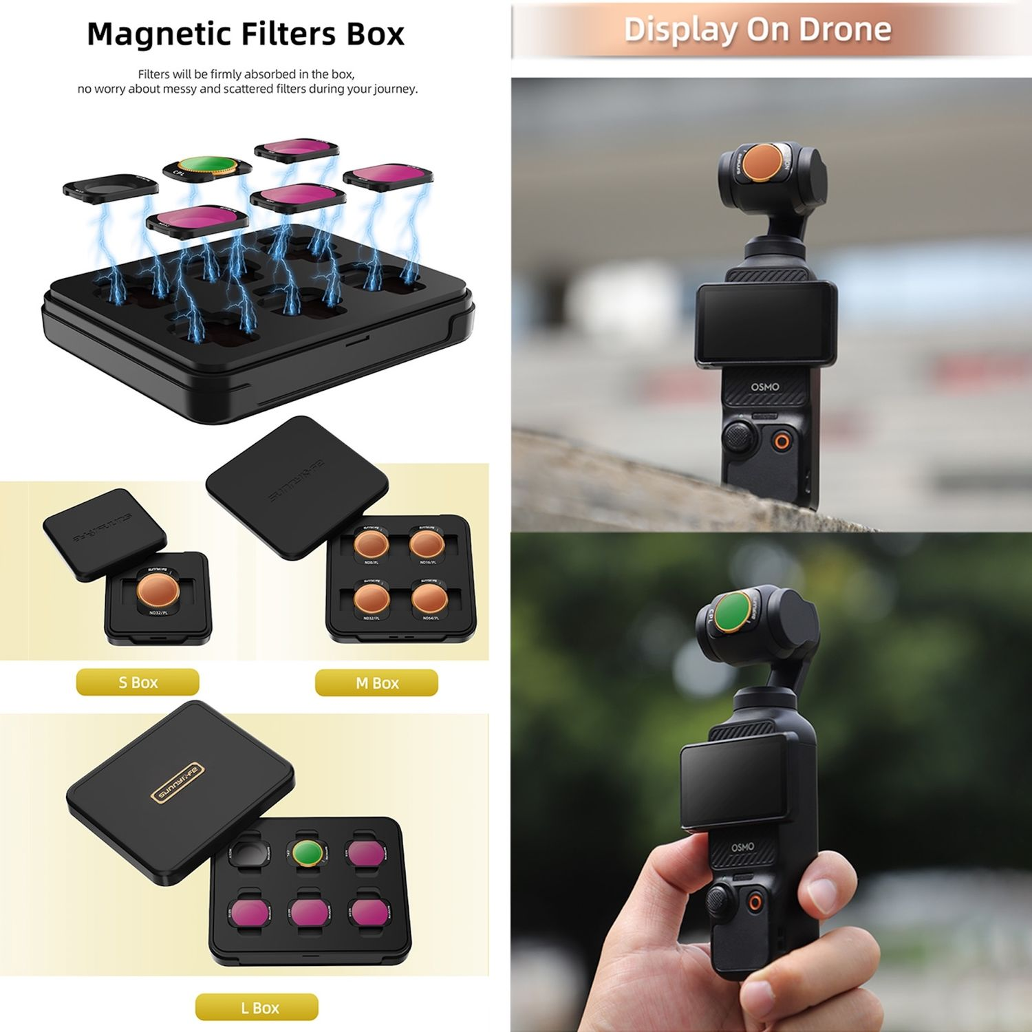 Filtri in una scatola. Scatola nera con filtri. Display su drone. I filtri sono multicolori. I filtri sono magnetici.