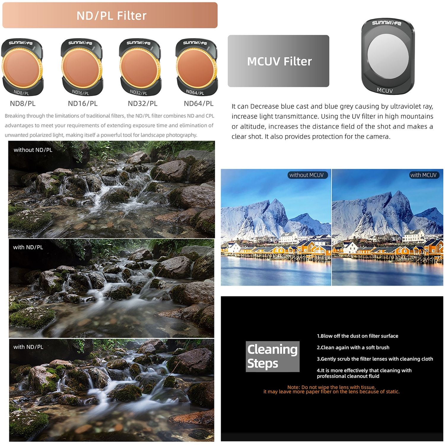 L'immagine mostra filtri ND/PL e un filtro MCUV. Mostra anche scatti di paesaggi con e senza filtri.