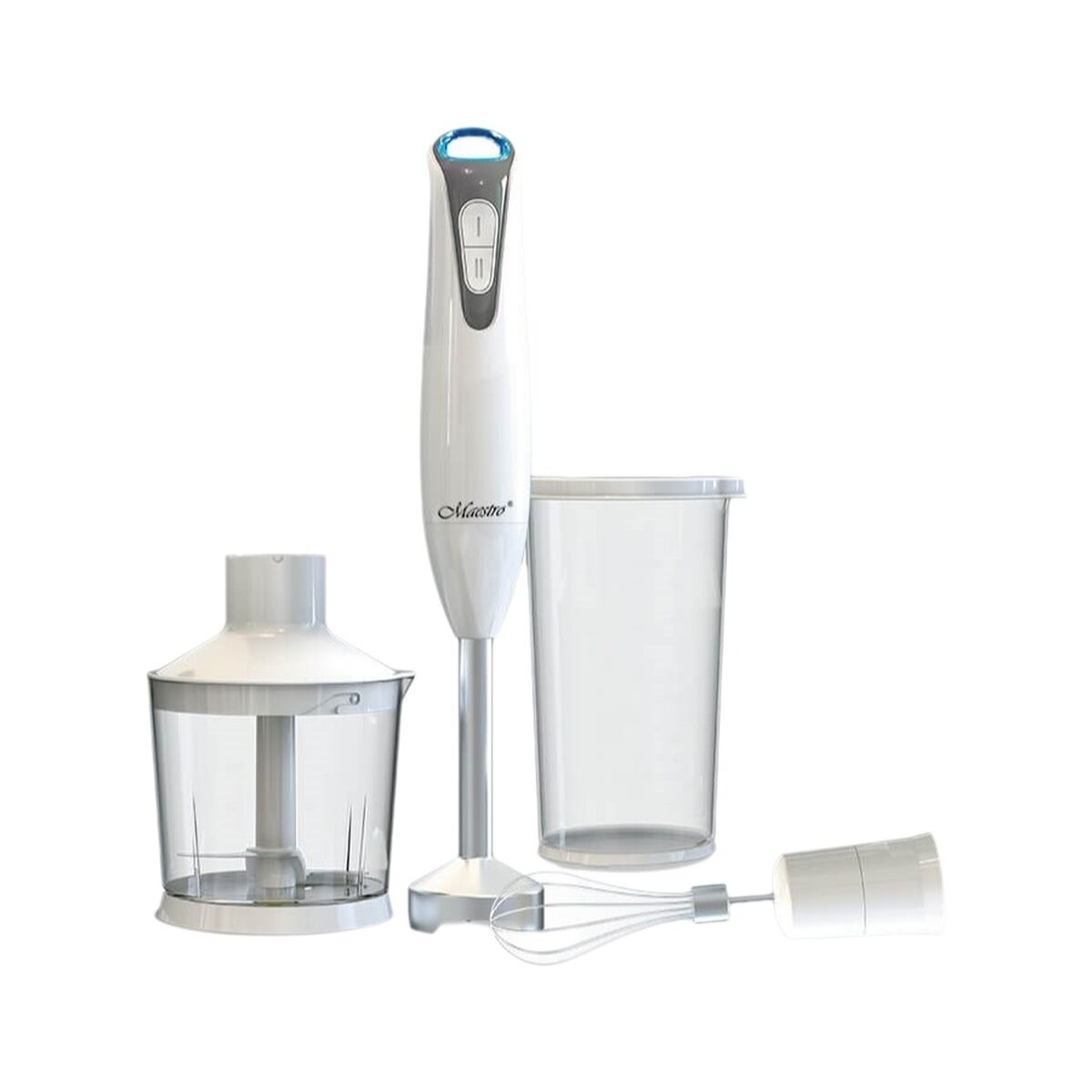 Biały blender ręczny z przystawkami: rozdrabniacz, kubek i trzepaczka.