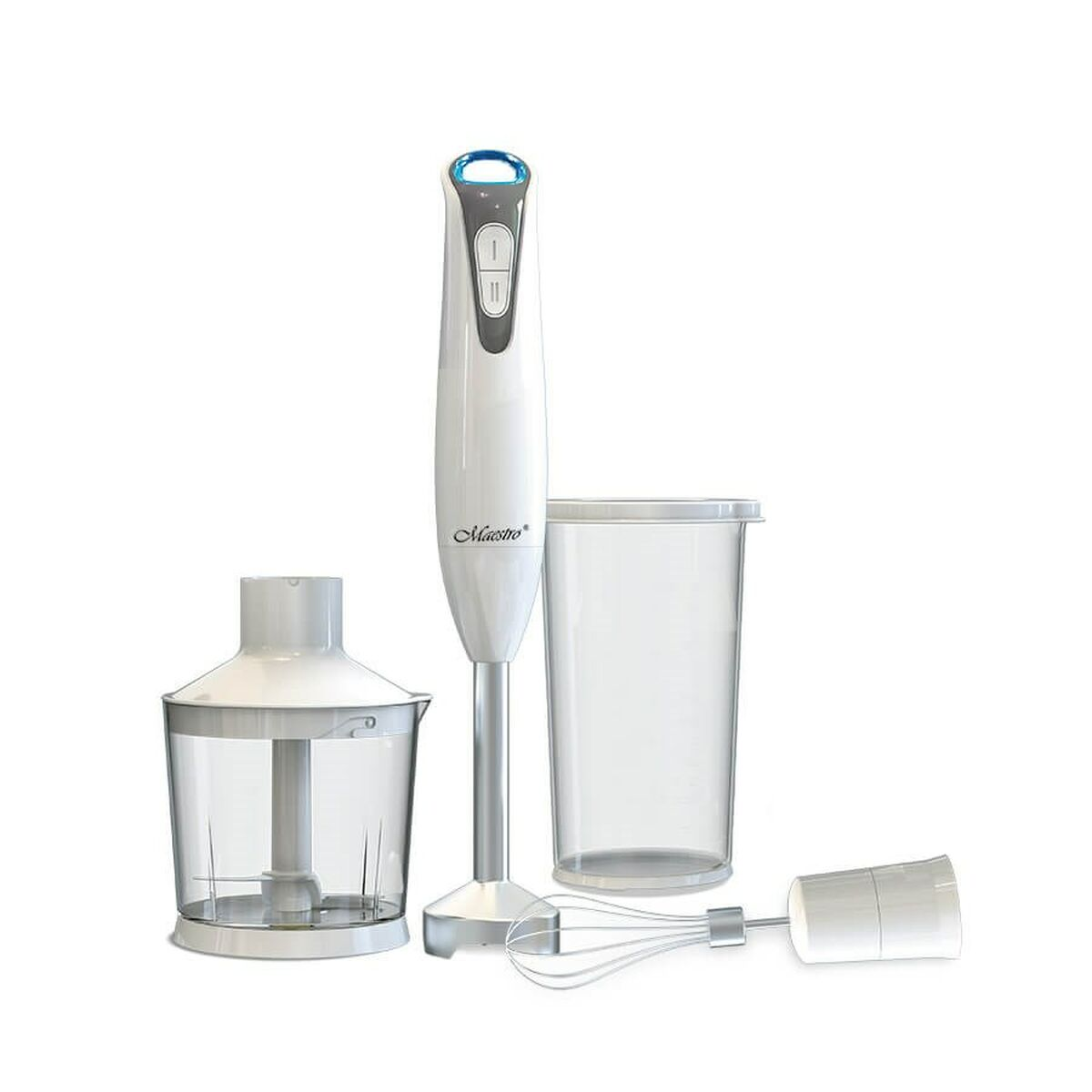 Biały blender ręczny z przystawkami: rozdrabniacz, kubek i trzepaczka. Marka Maestro.