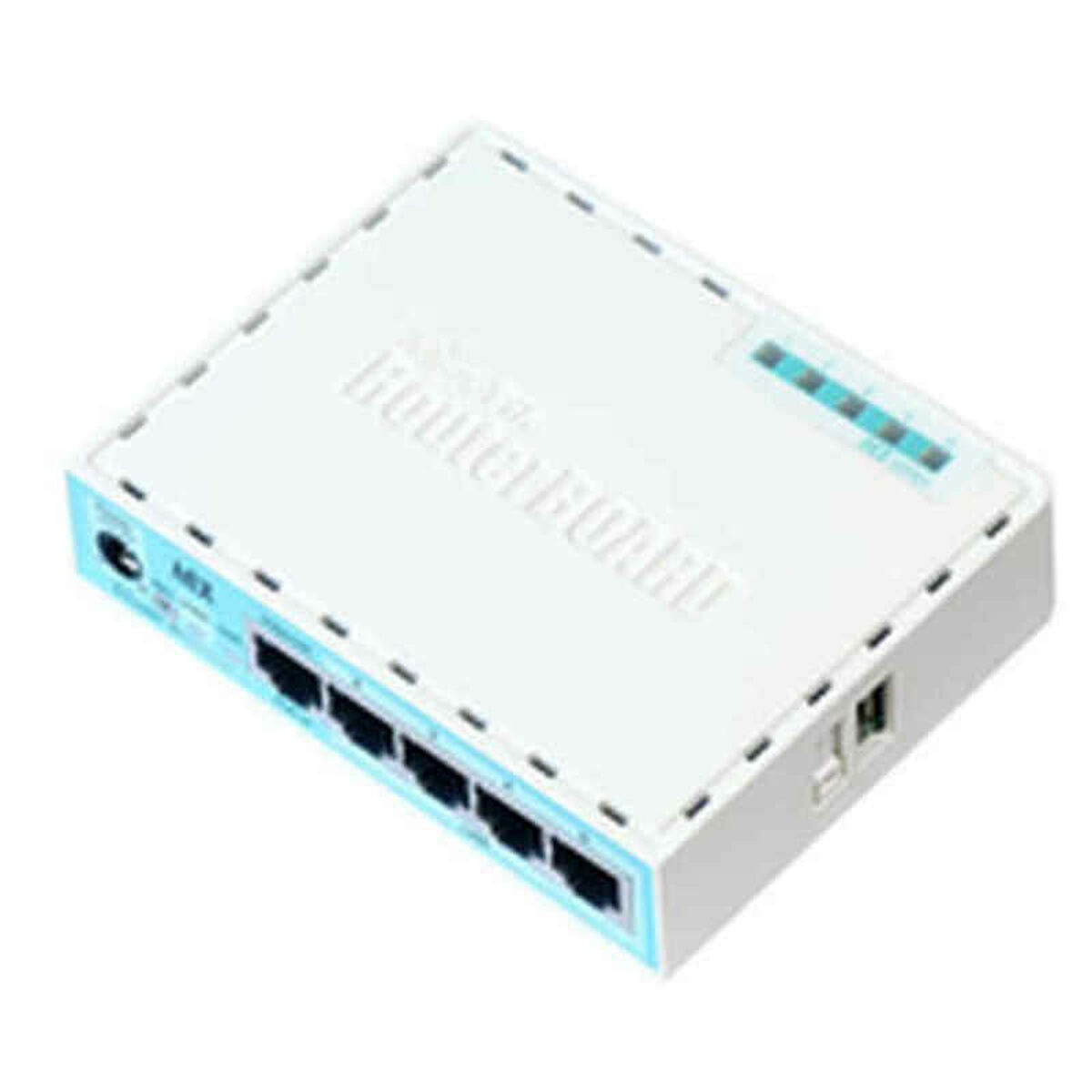 Enrutador RouterBOARD blanco con puertos negros y detalles azules. Texto RouterBOARD visible.