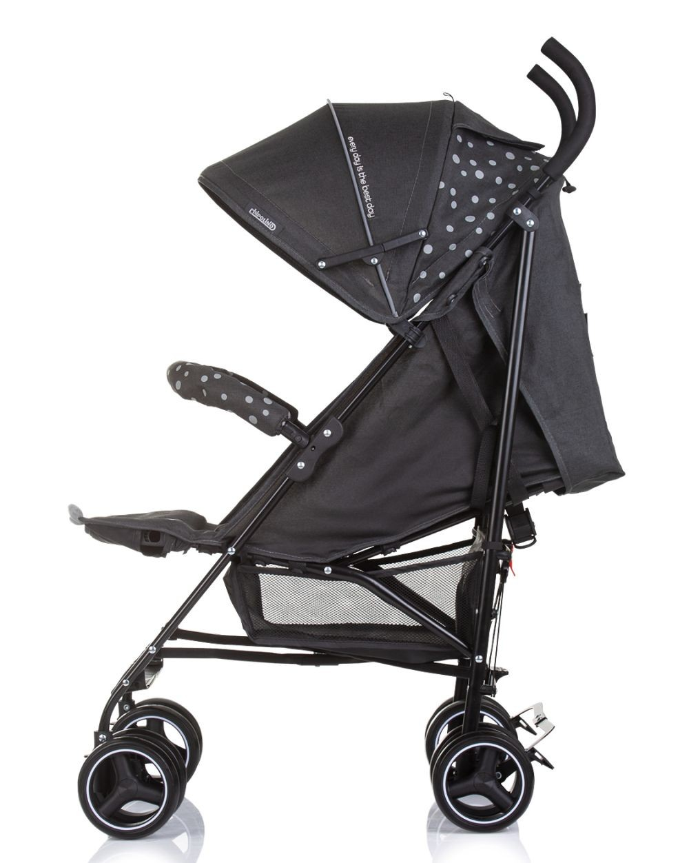 Schwarzer Kinderwagen mit schwarzem Verdeck und Polka-Dot-Details auf weißem Hintergrund.