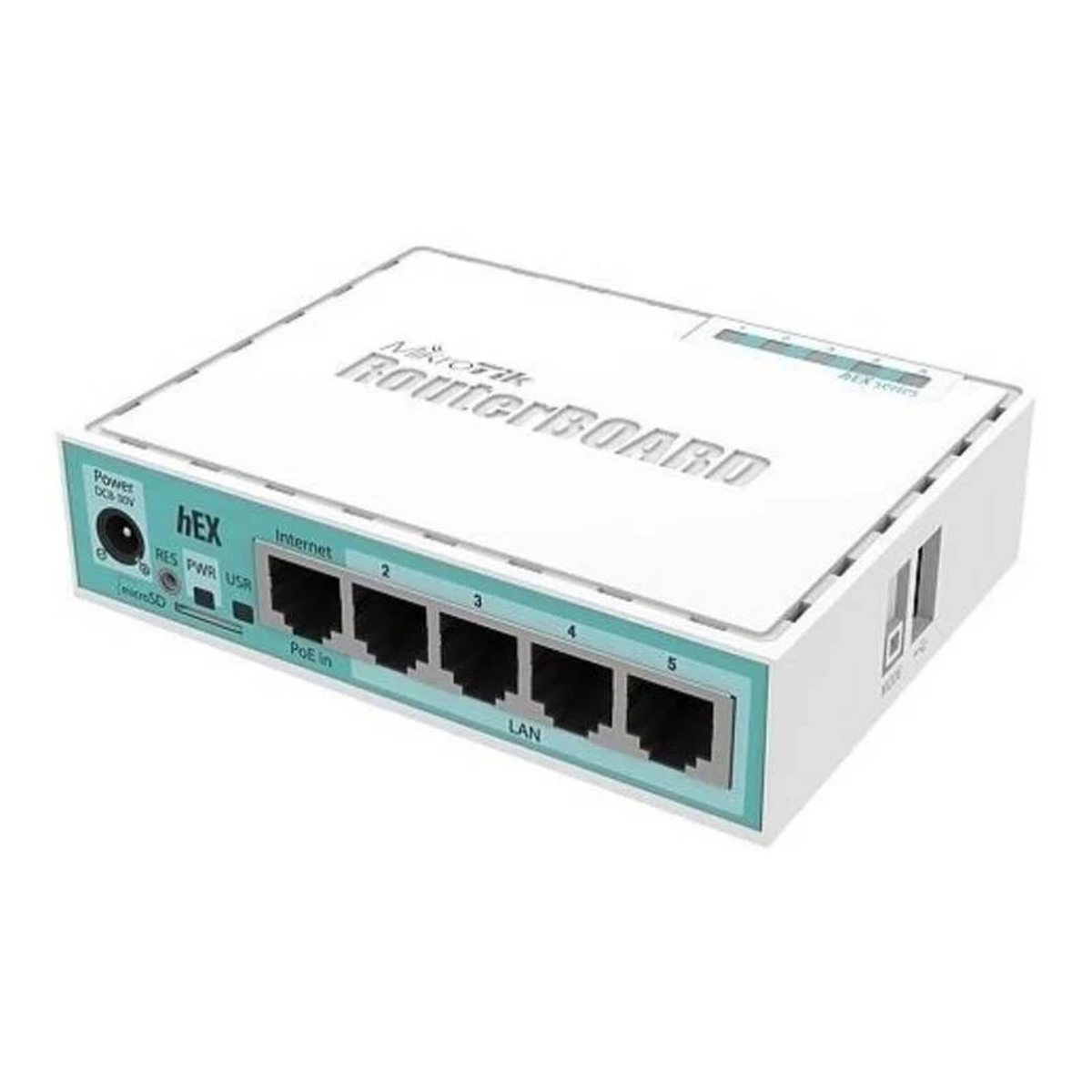 Un RouterBOARD MikroTik blanco con varios puertos y un acento azul y verde. Texto RouterBOARD visible.