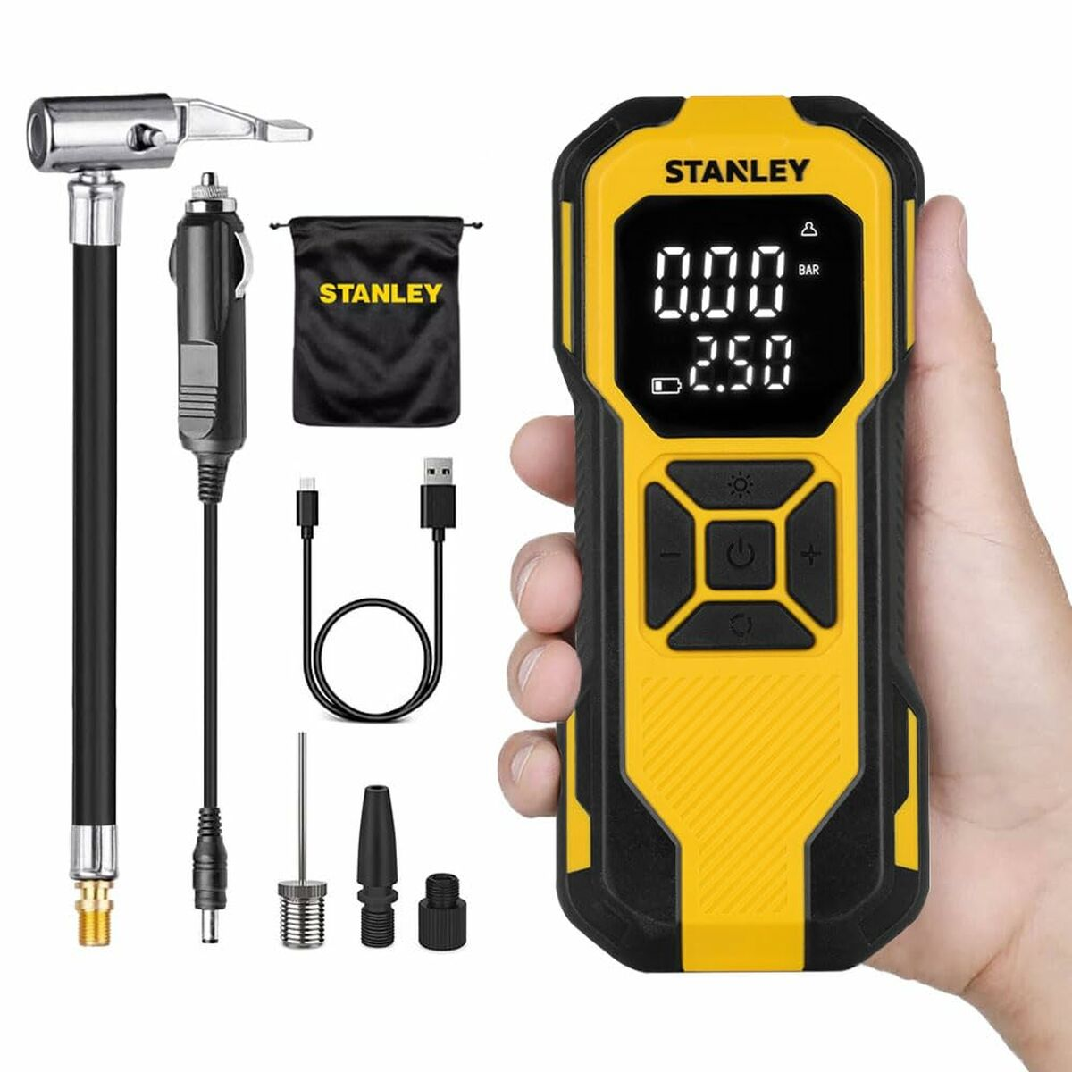 Un gonfiatore per pneumatici Stanley giallo e nero con display digitale e accessori, tenuto in mano.