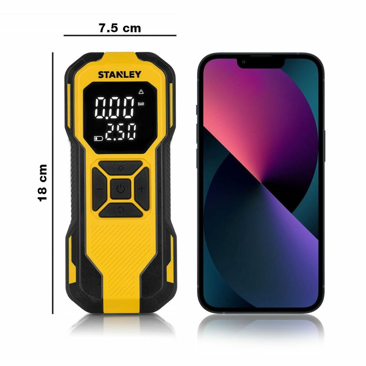 Gonfiatore per pneumatici Stanley giallo e nero accanto a uno smartphone. Le dimensioni sono mostrate.