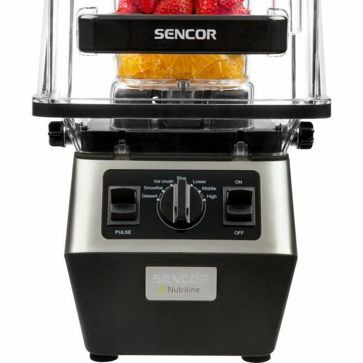 Un frullatore con base nera e contenitore trasparente con frutta all'interno.