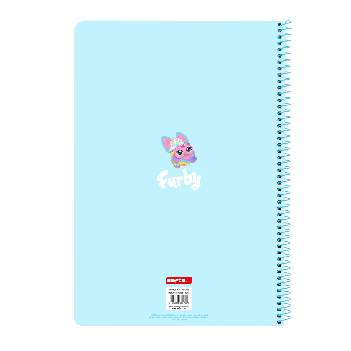 Hellblaues Spiralnotizbuch mit einem Furby-Bild auf dem Einband.