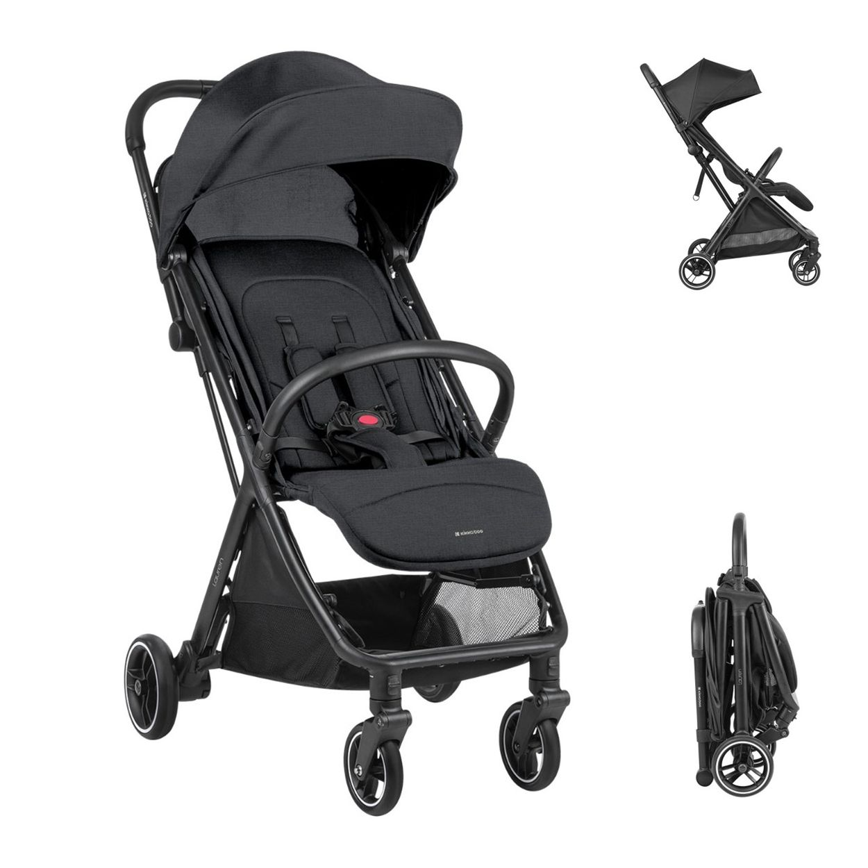 Schwarzer Kinderwagen mit Verdeck, Sitz und Aufbewahrungskorb. Zwei kleinere Bilder zeigen den zusammengeklappten Wagen.
