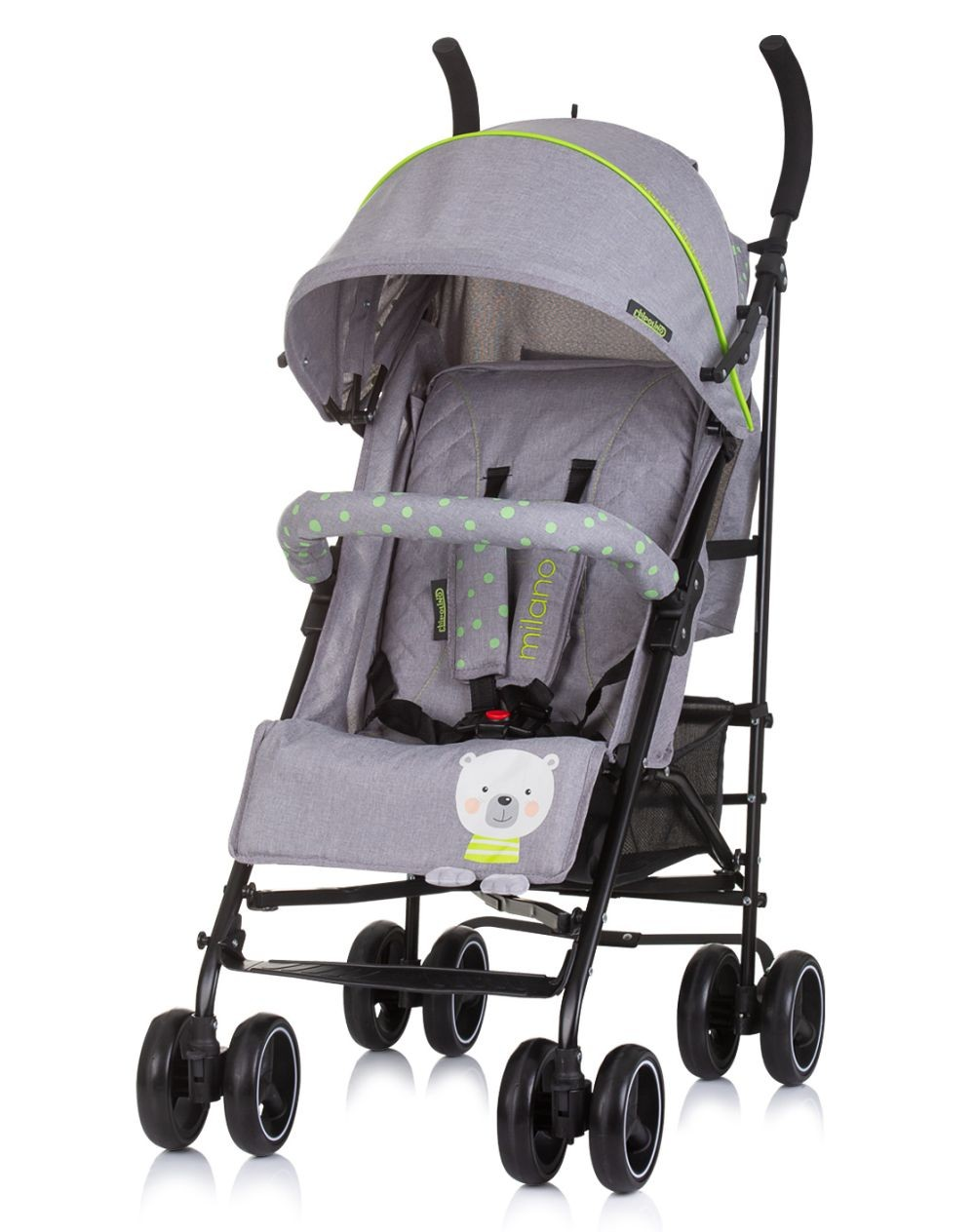 Grauer Kinderwagen mit grünen Akzenten und einem Teddybärmotiv auf der Vorderseite, vor einem weißen Hintergrund.