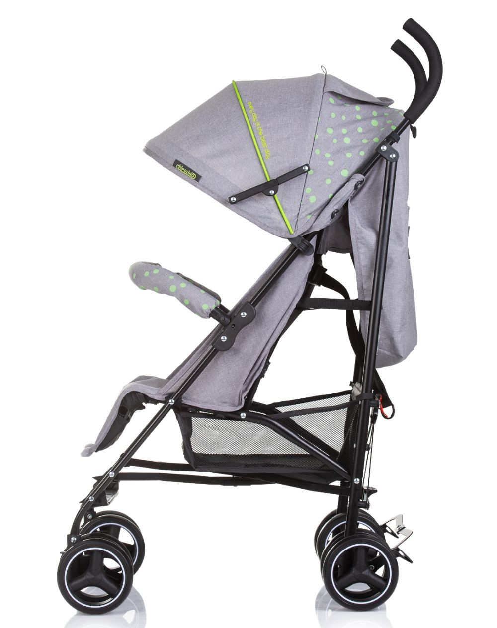 Ein grauer Kinderwagen mit Verdeck und schwarzem Rahmen, vor weißem Hintergrund, Seitenansicht.