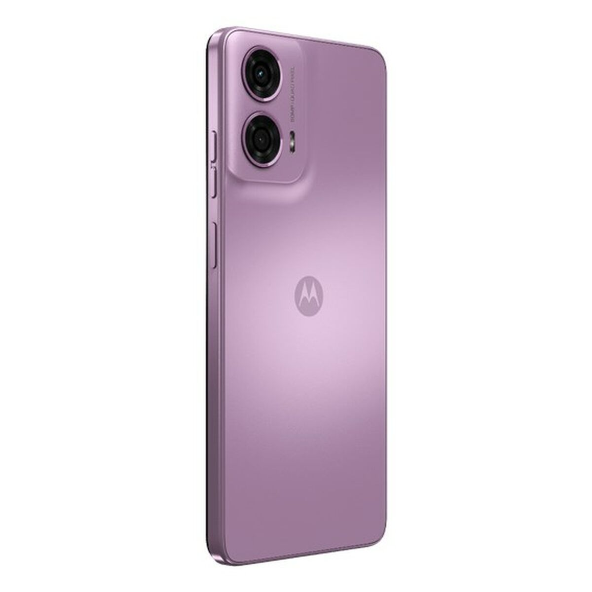 Uno smartphone viola visto di lato, con due fotocamere e il logo Motorola.