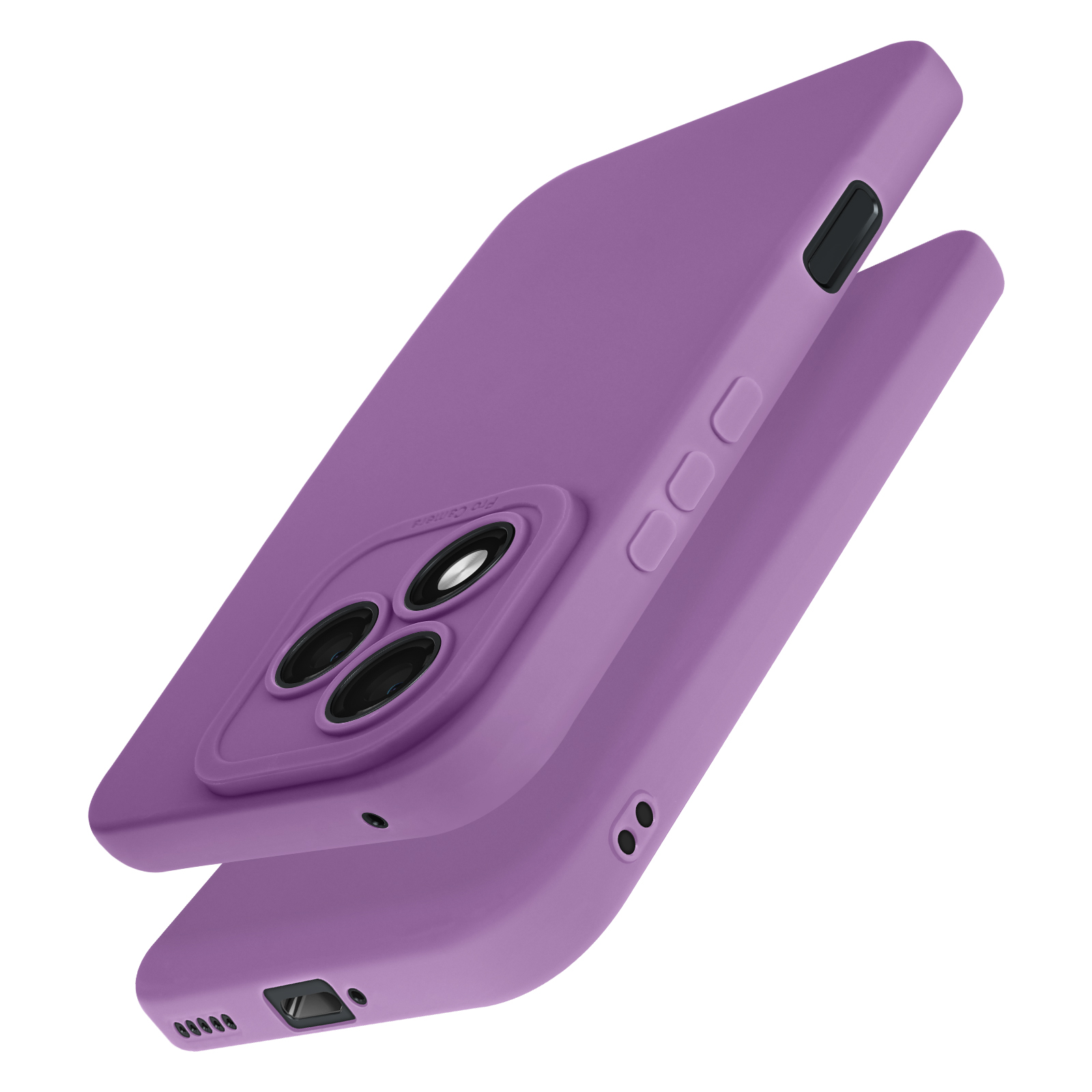 Una custodia viola, che mostra un modulo fotocamera e la superficie superiore, con pulsanti.