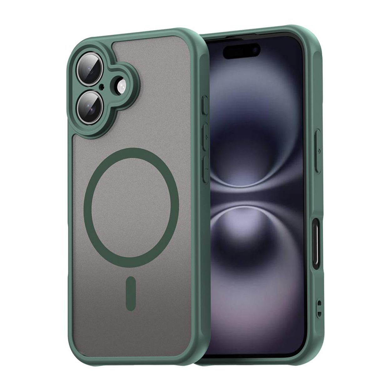 Een groene telefoonhoes naast een telefoon. De hoes heeft een doorzichtige achterkant en een groene rand.