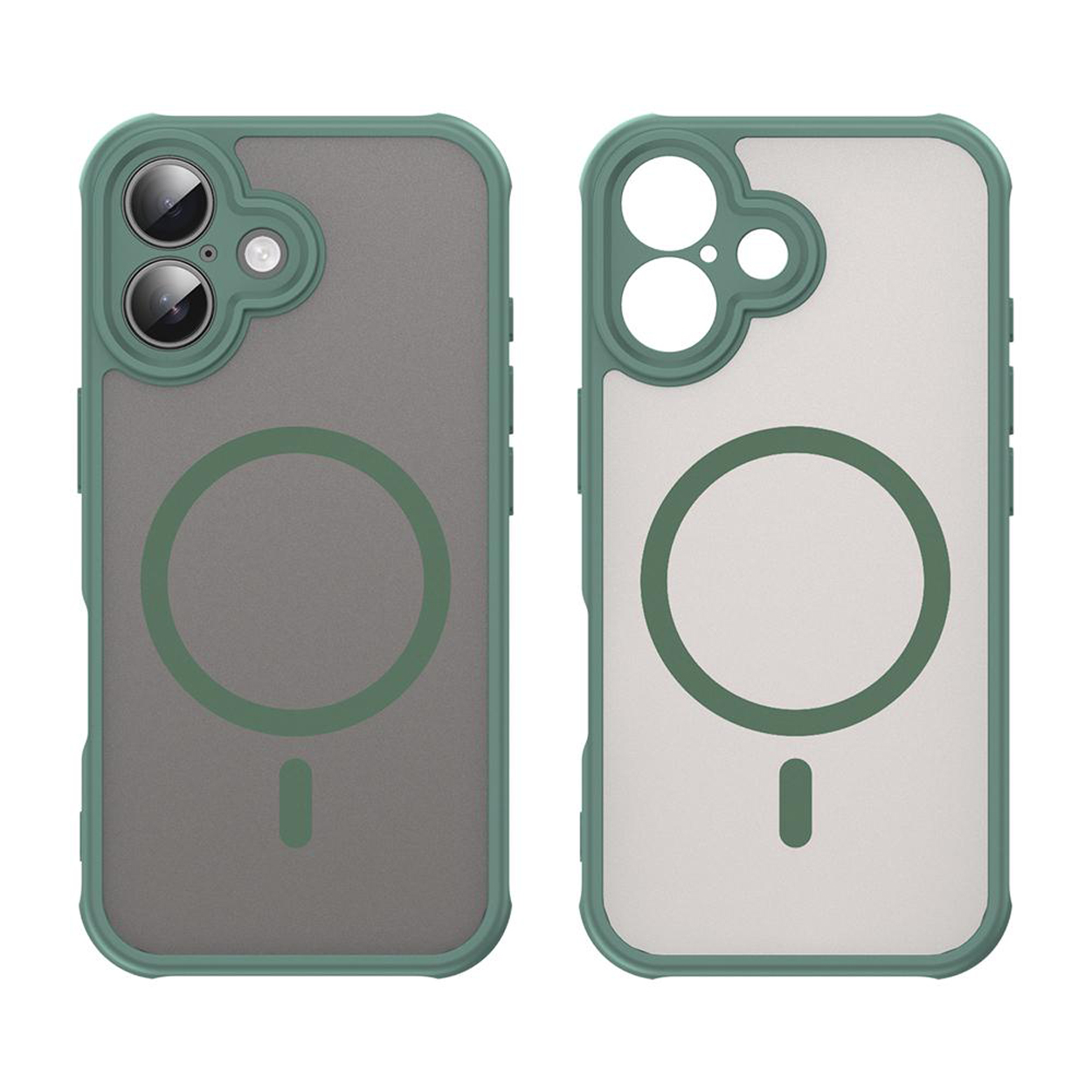 Twee telefoonhoesjes naast elkaar. Beide zijn groen met een doorzichtige achterkant en een magnetische cirkel.