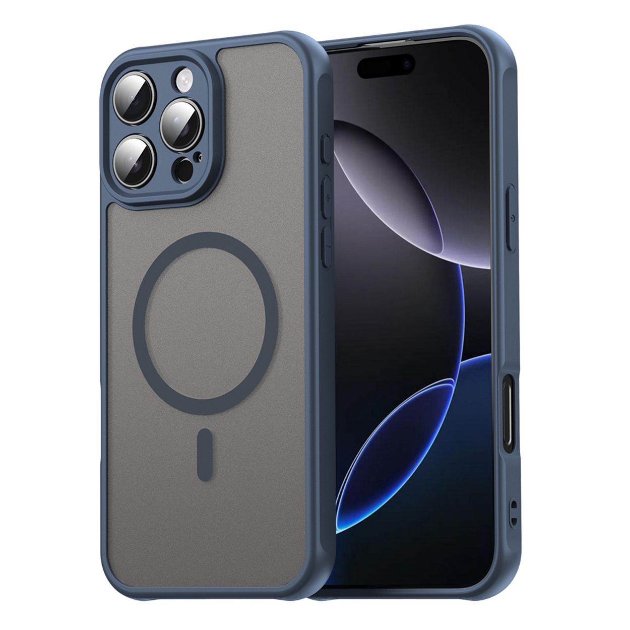 Een blauwe telefoonhoes naast een telefoon. De hoes heeft een doorzichtige achterkant en een blauwe rand.