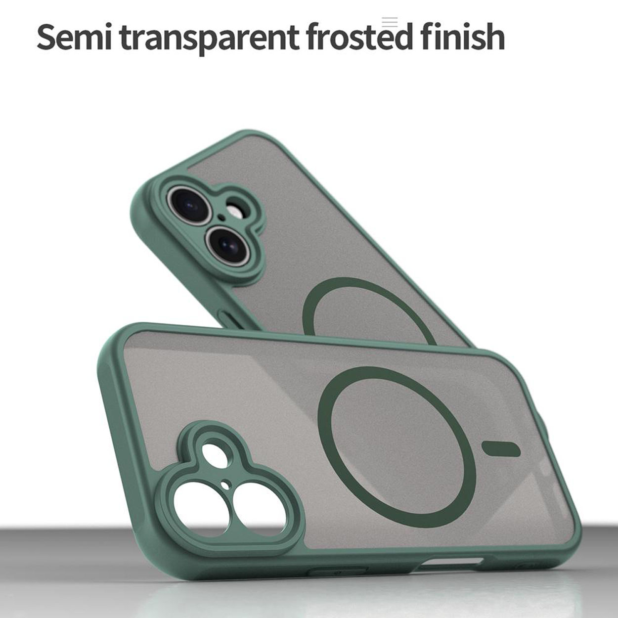 Een groene telefoonhoes met een doorzichtige achterkant en een magnetische cirkel wordt onder een hoek getoond.