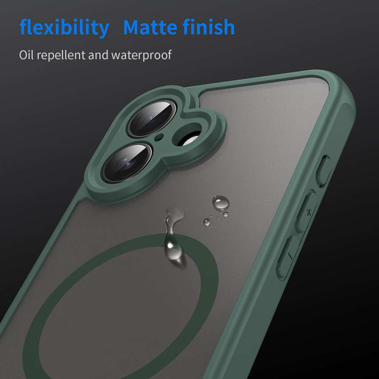 Telefoonhoesje met een groen frame. Waterdruppels. De hoes ligt op een zwart oppervlak, met een matte afwerking.