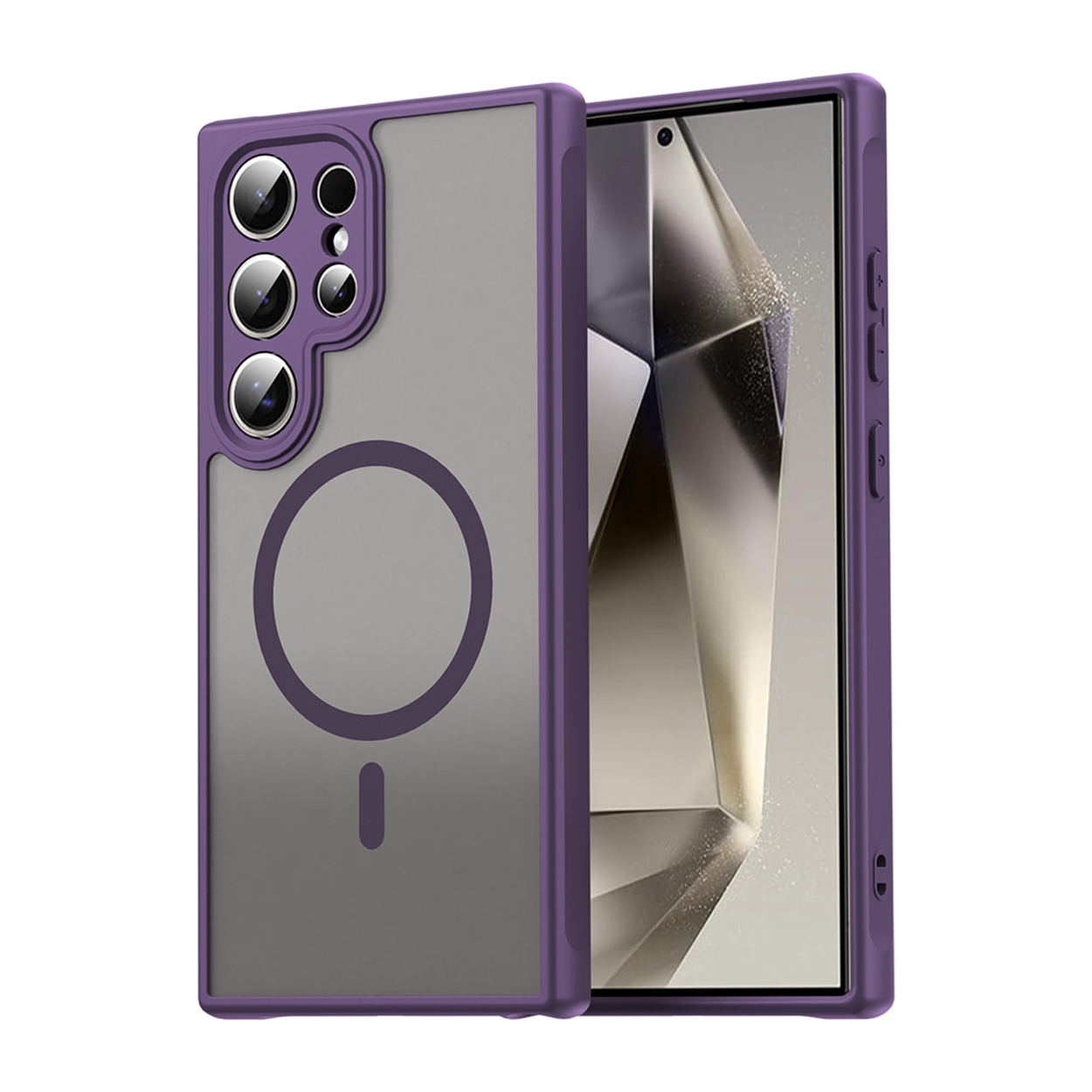 Deux coques de téléphone, cadre violet, dos gris, devant blanc. Chacune a un cercle et un petit rectangle.