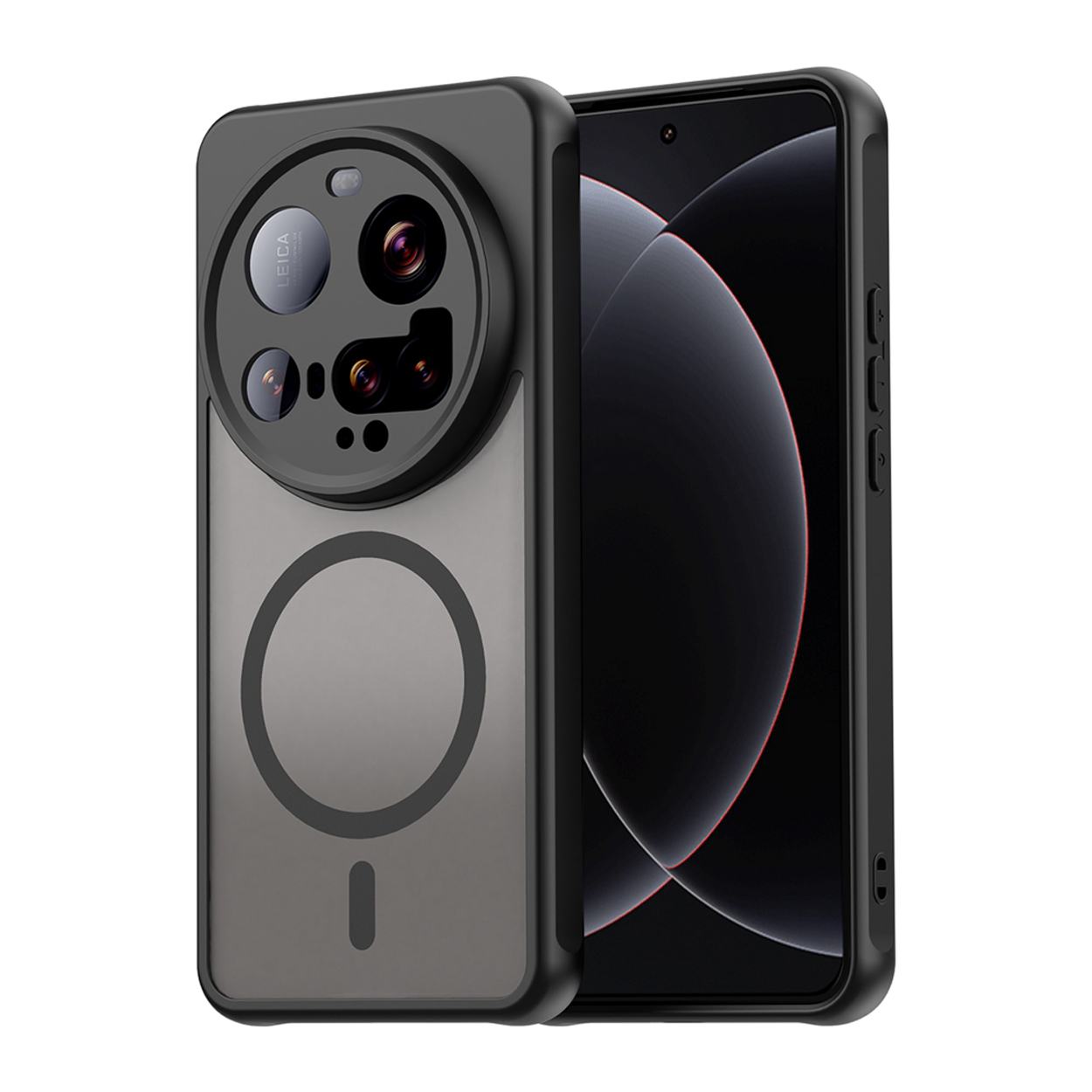 Deux coques de téléphone, cadre noir, dos gris, devant blanc. Chacune a un cercle et un petit rectangle.