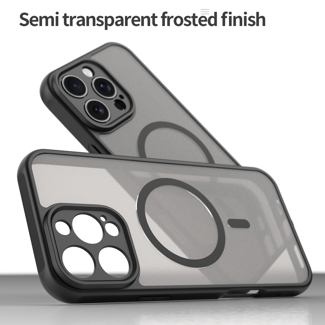 Twee telefoonhoesjes gestapeld. Zwart frame, grijze achterkant, transparante voorkant. Elk heeft een cirkel en een rechthoek.