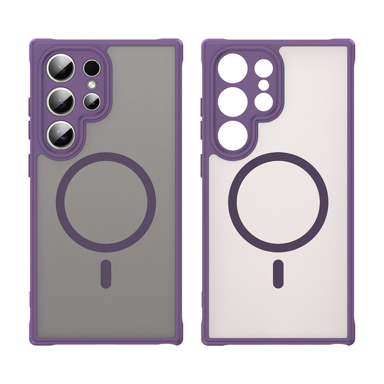 Deux coques de téléphone, cadre violet, dos gris, devant blanc. Chacune a un cercle et un petit rectangle.