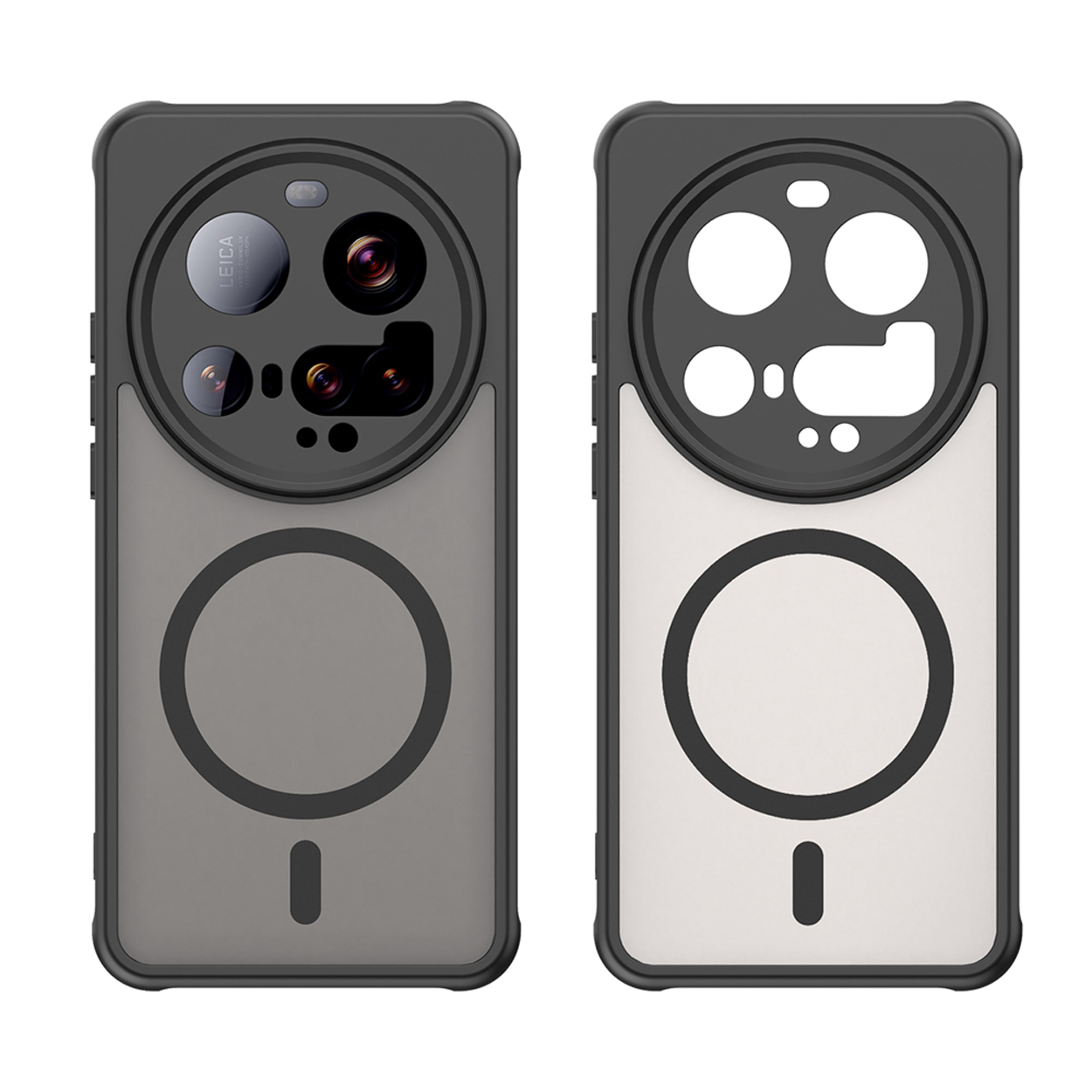 Deux coques de téléphone, cadre noir, dos gris, devant blanc. Chacune a un cercle et un petit rectangle.