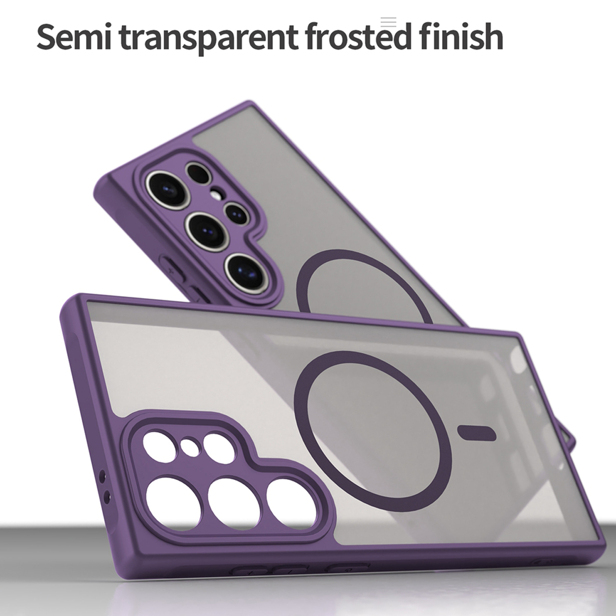 Deux coques de téléphone empilées. Cadre violet, dos gris, devant transparent. Chacune a un cercle et un rectangle.
