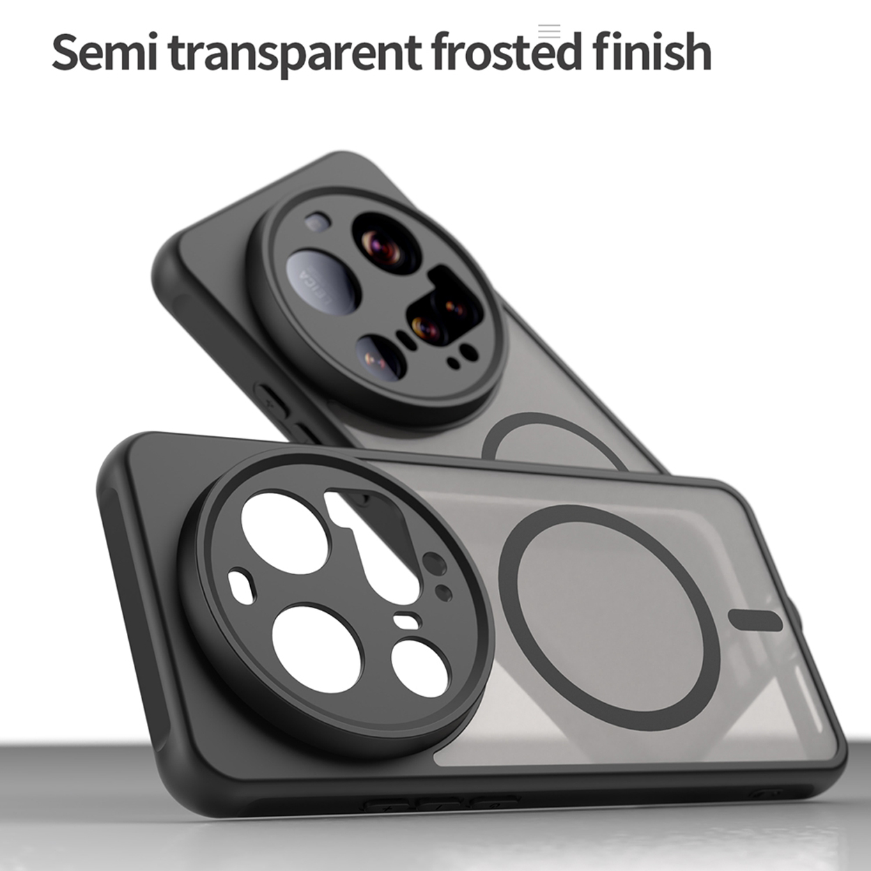 Deux coques de téléphone empilées. Cadre noir, dos gris, devant transparent. Chacune a un cercle et un rectangle.