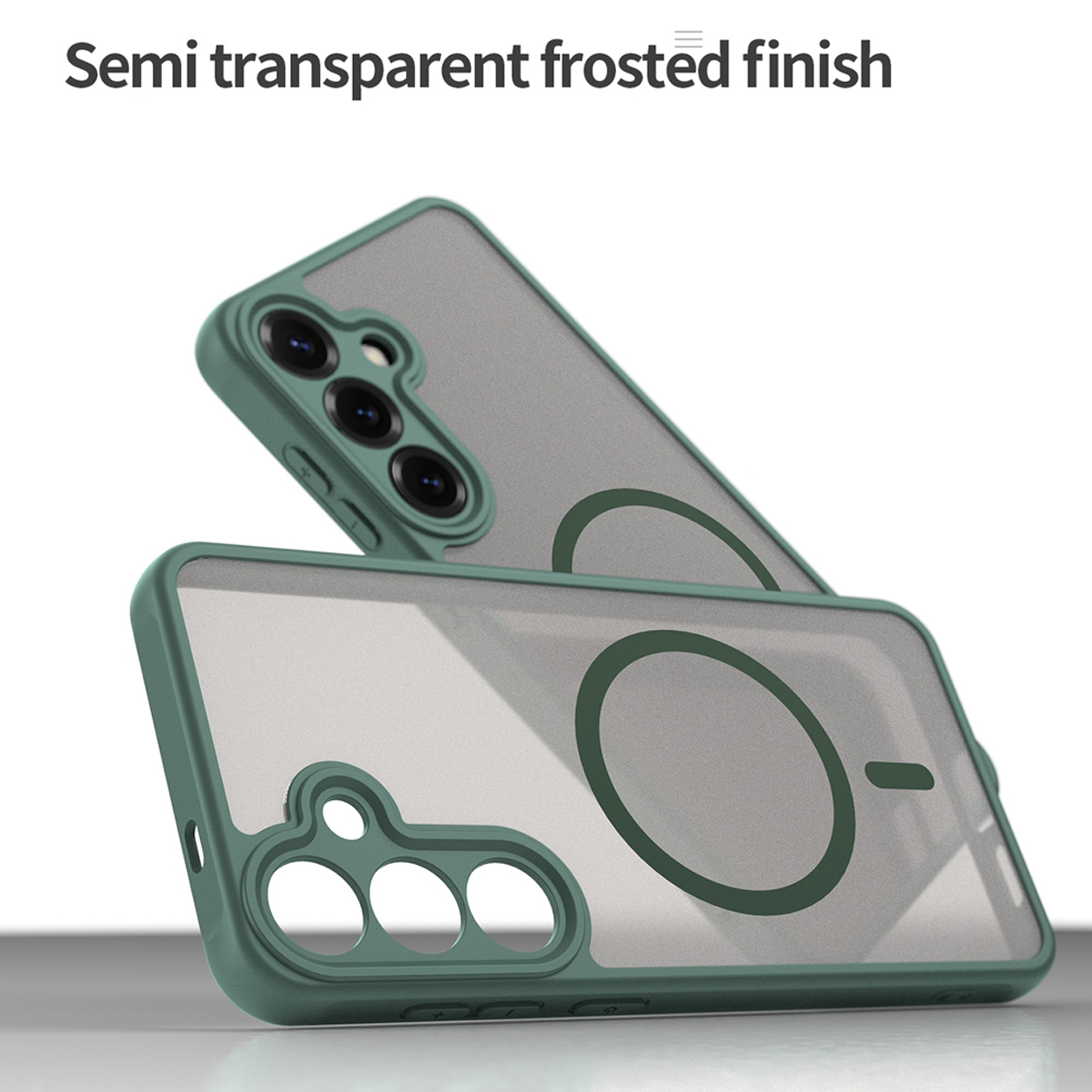 Coque de téléphone avec cadre vert, dos gris, devant transparent. La coque est sur une surface blanche.