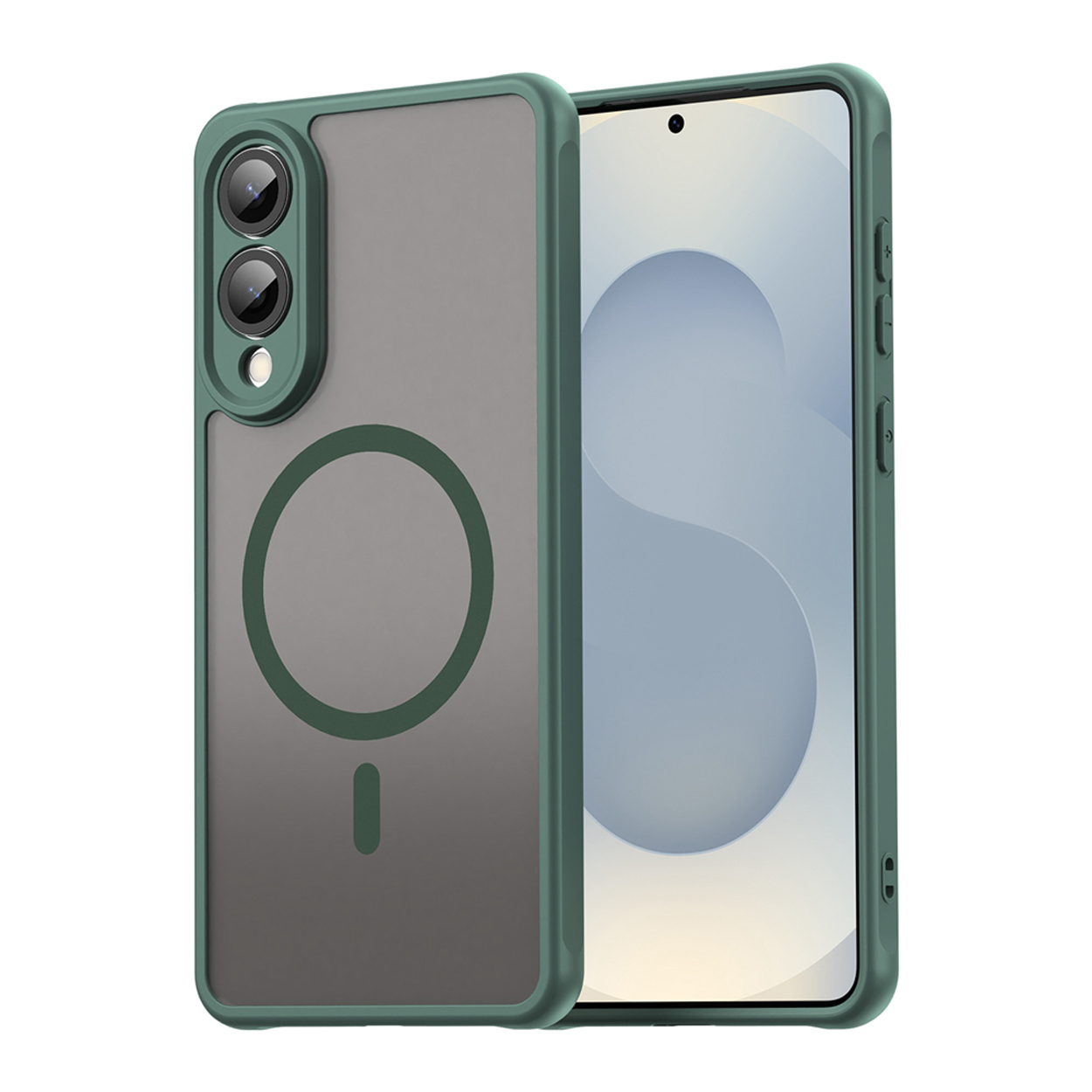 Telefoonhoesje met groen frame en grijze achterkant. De telefoon zit in de hoes. De achtergrond is lichtblauw.