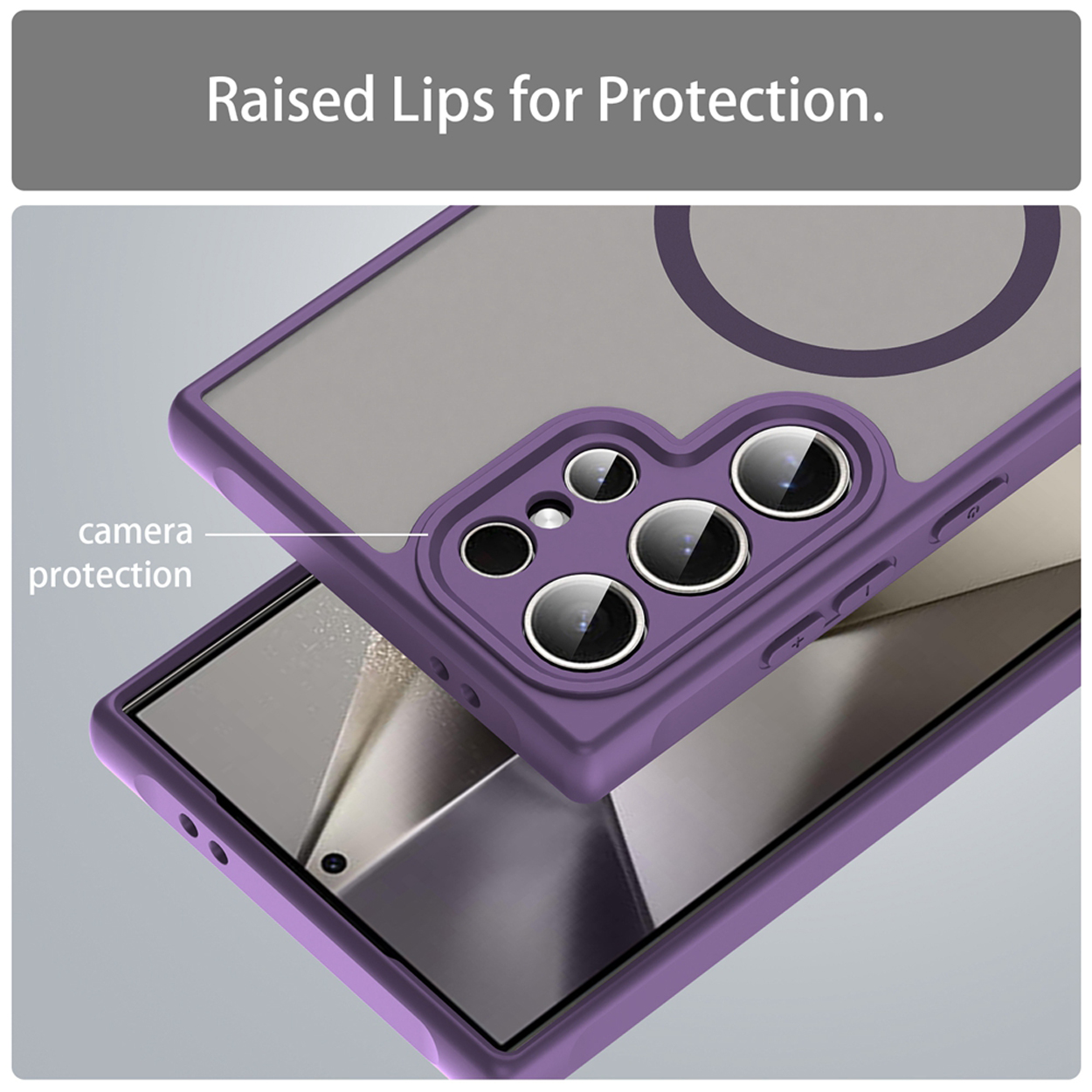 Étui violet avec protection de caméra sur un smartphone.