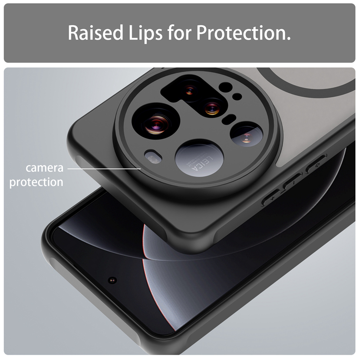 Étui noir avec protection de caméra sur un smartphone.