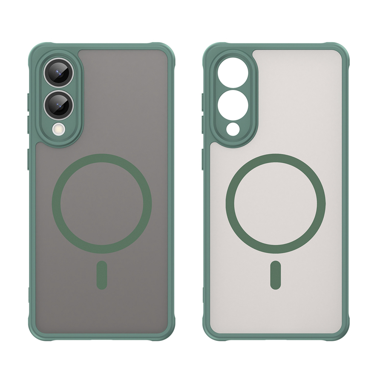 Twee groene telefoonhoesjes met magnetische ring op een witte achtergrond.