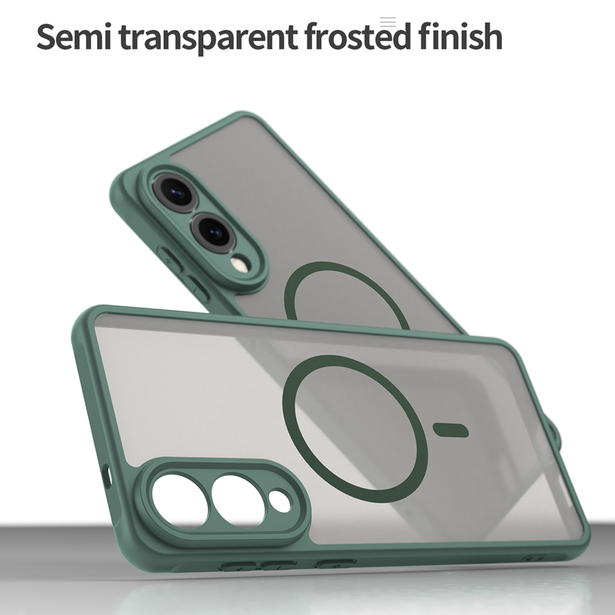 Twee semi-transparante groene telefoonhoesjes met matte afwerking.