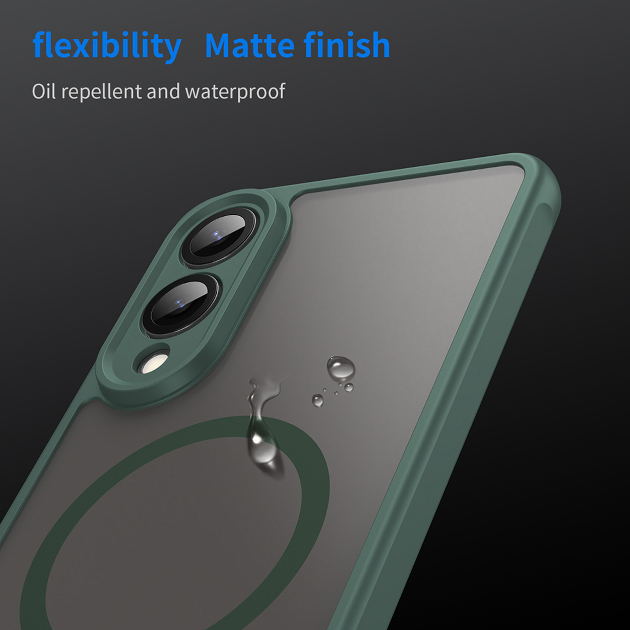 Een groene telefoonhoes met een doorzichtige achterkant. Het heeft een matte afwerking en is olie- en waterafstotend.