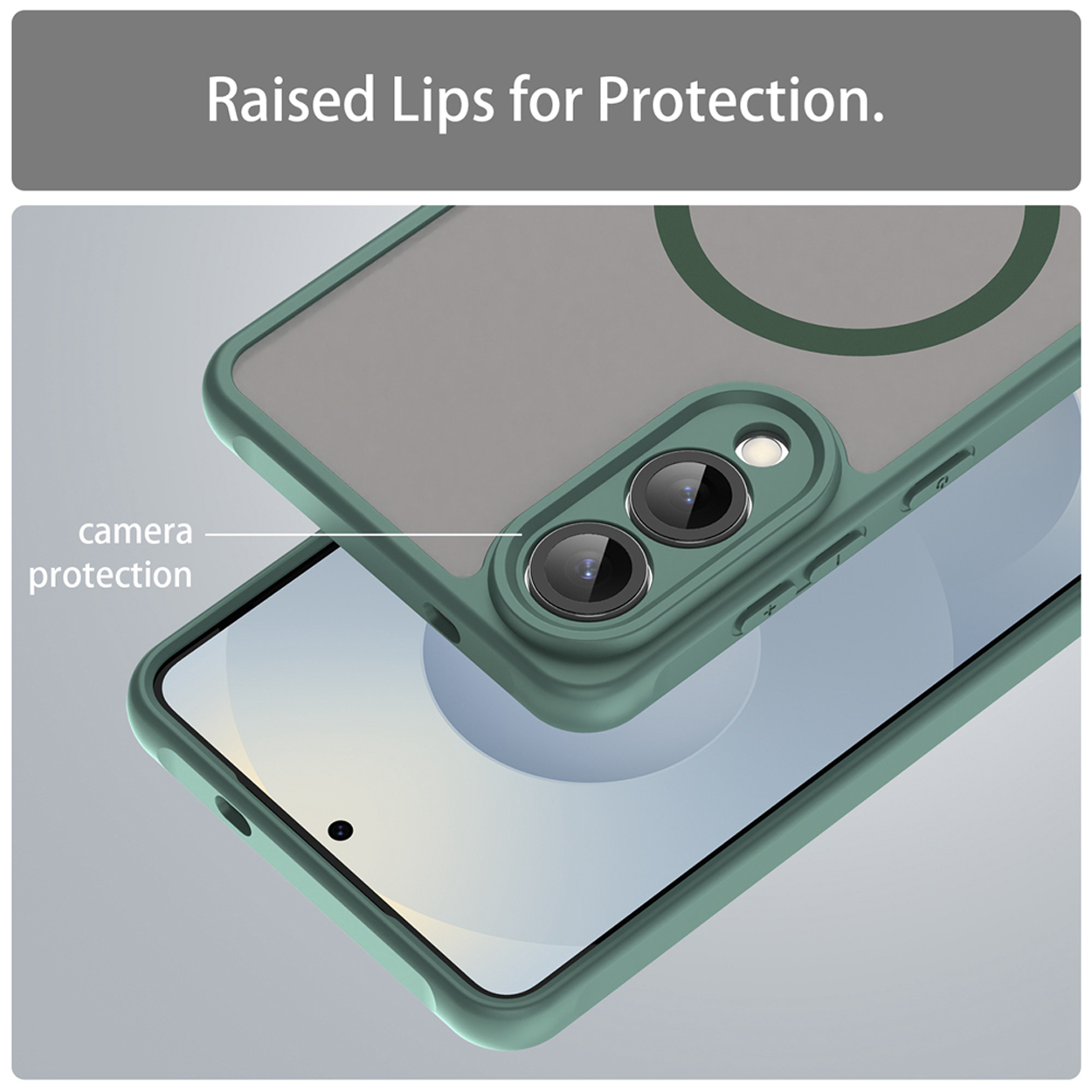 Groene telefoonhoes met camerabescherming op een smartphone.