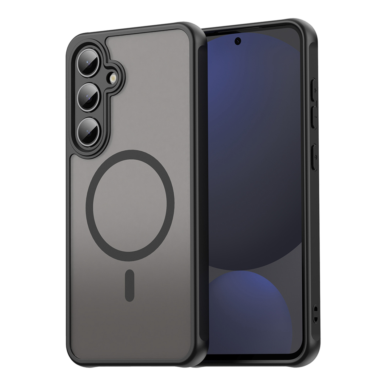 Étui noir avec anneau magnétique sur un smartphone.