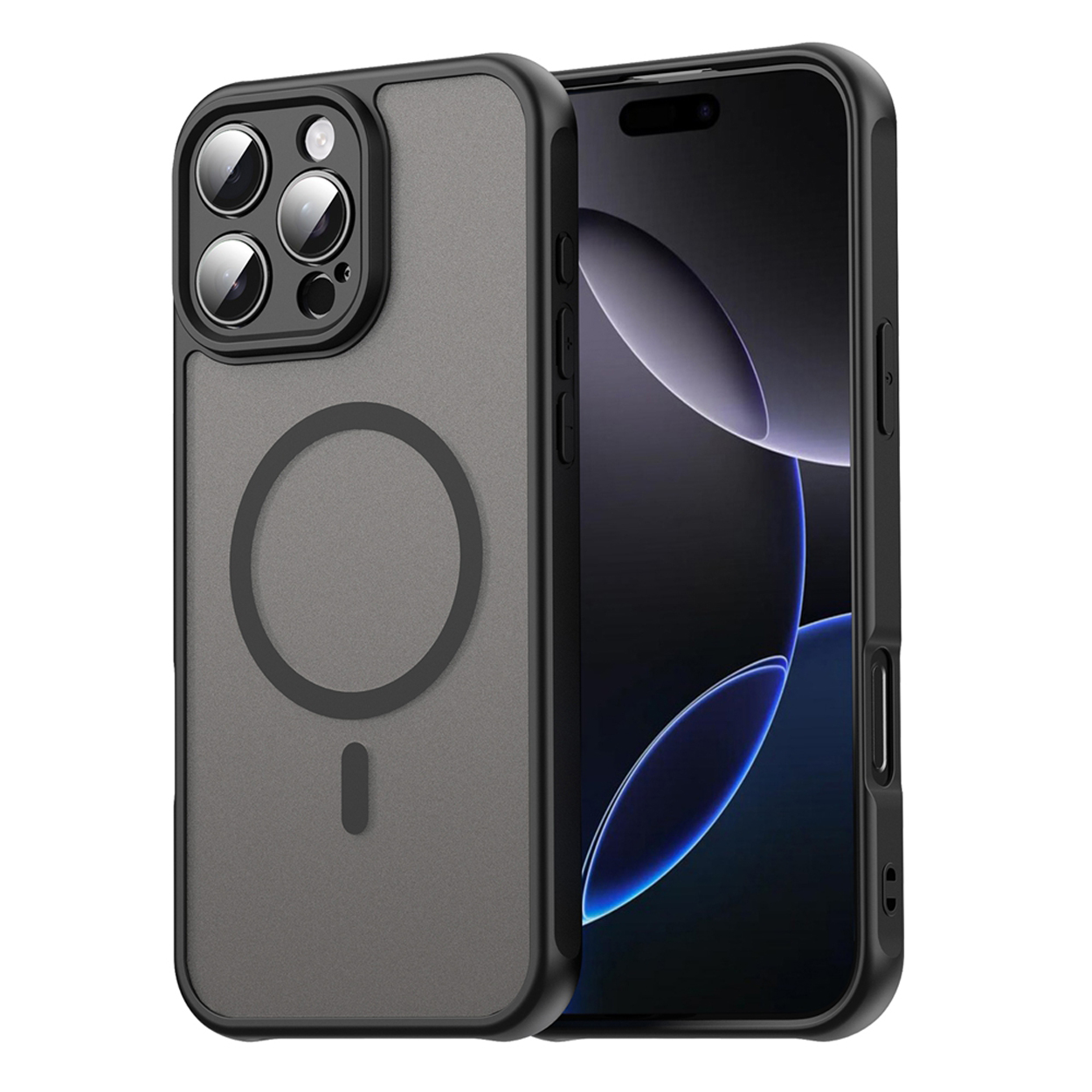 Zwarte telefoonhoes met magnetische ring op een smartphone.