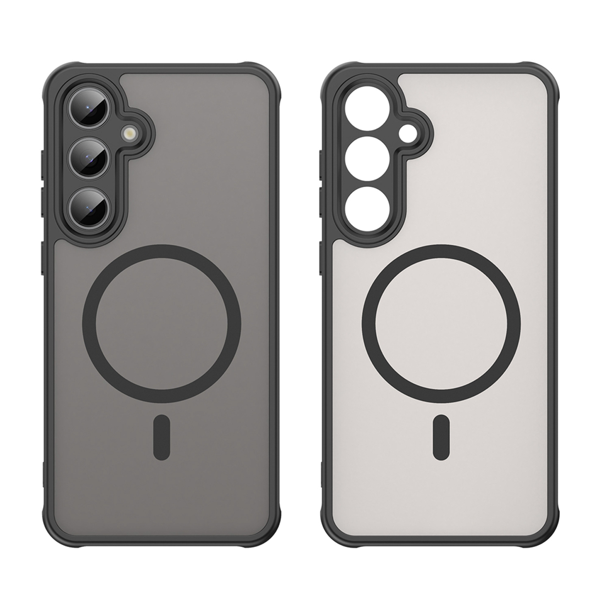 Deux coques de téléphone côte à côte. L'une est noire et l'autre grise. Les deux ont un design circulaire.