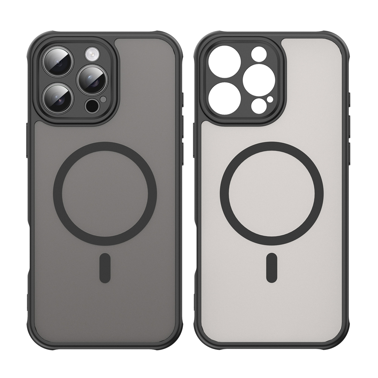 Twee telefoonhoesjes, grijs en wit, met zwarte camera-uitsparingen en een cirkelvormig ontwerp.