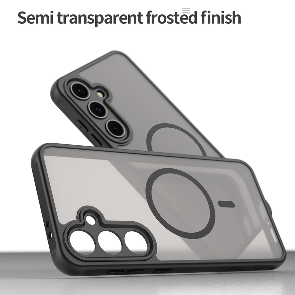 Deux coques de téléphone, semi-transparentes, cadres noirs. Designs circulaires et découpes de caméra, empilées.