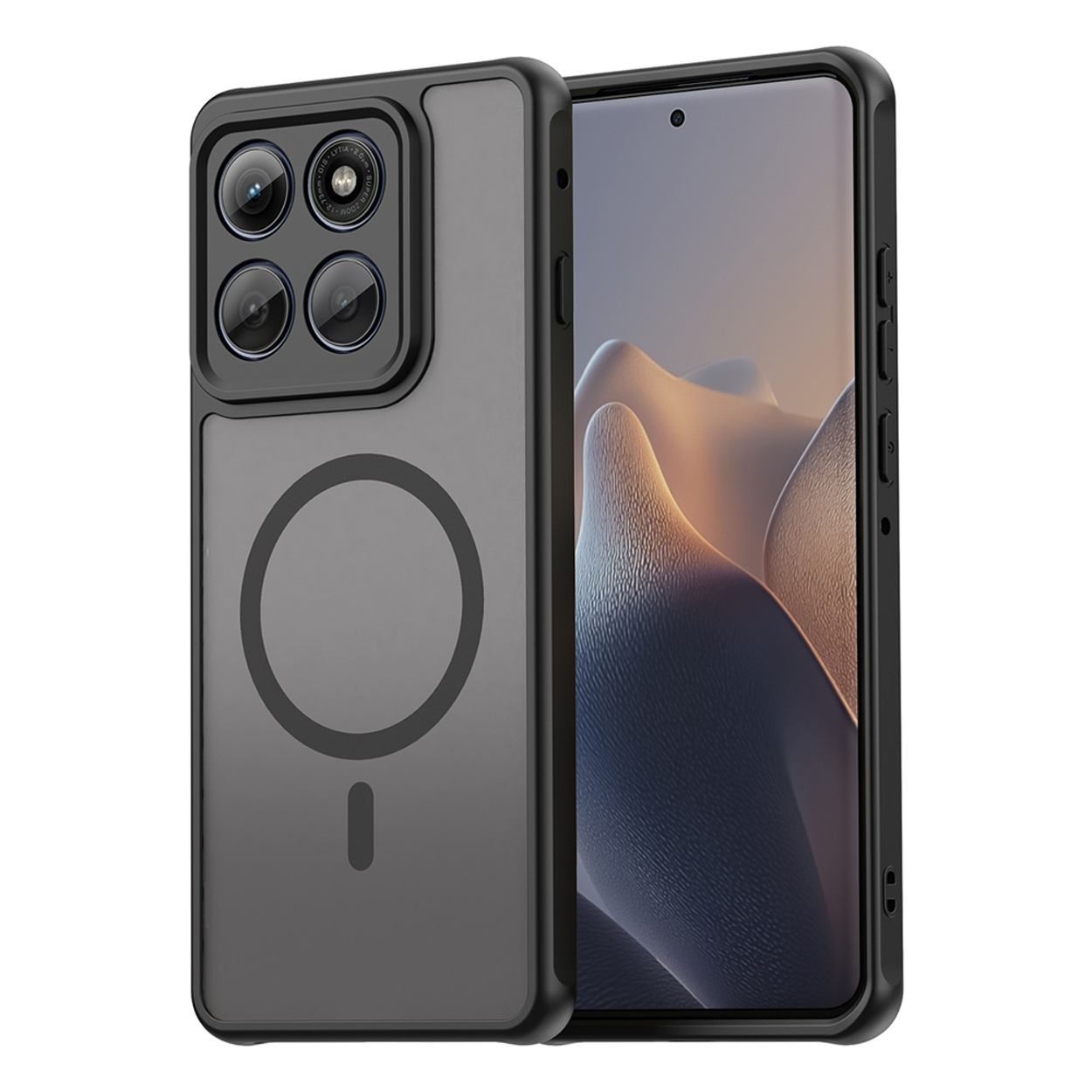 Twee telefoonhoesjes, één zwart, één met een telefoon erin. Cirkelvormig ontwerp, camera-uitsparing en opstaande randen.