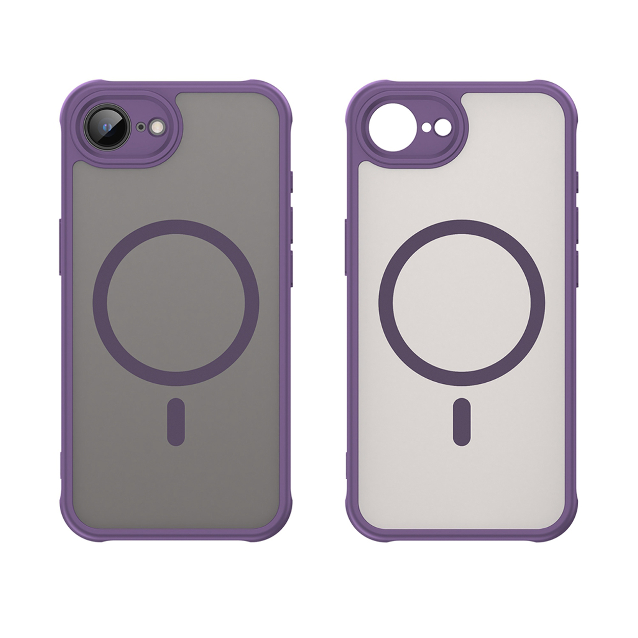 Twee telefoonhoesjes, paarse frames, grijze achterkant. Zwarte camera-uitsparingen met een cirkelvormig ontwerp.