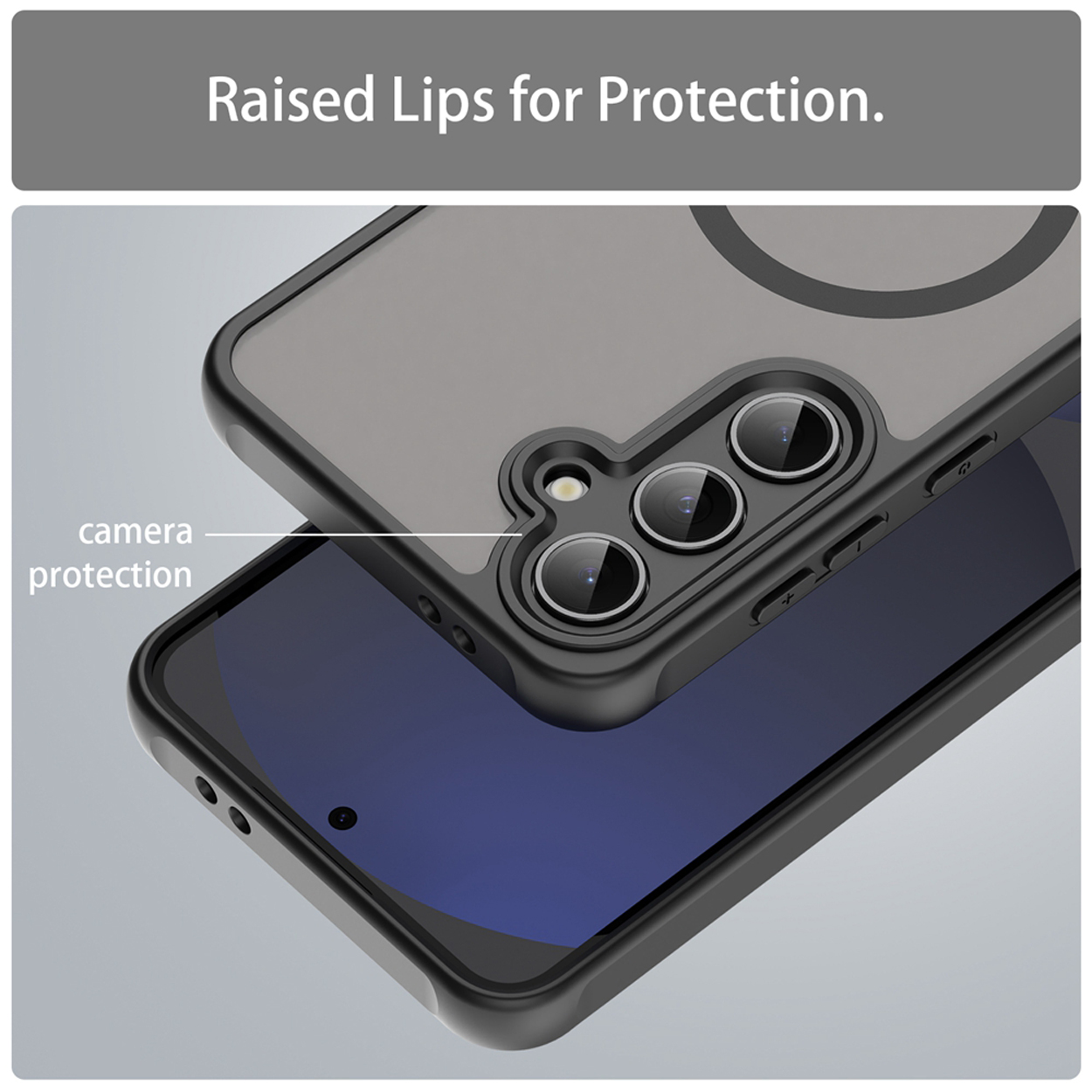 Gros plan sur la coque du téléphone. La protection de l'appareil photo et les bords surélevés sont indiqués. Cadre noir, dos gris.