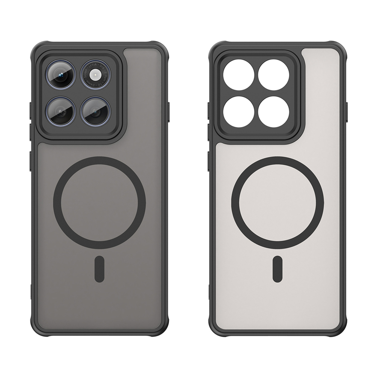 Twee telefoonhoesjes, één grijs, één wit, met zwarte camera-uitsparingen en cirkelontwerp.