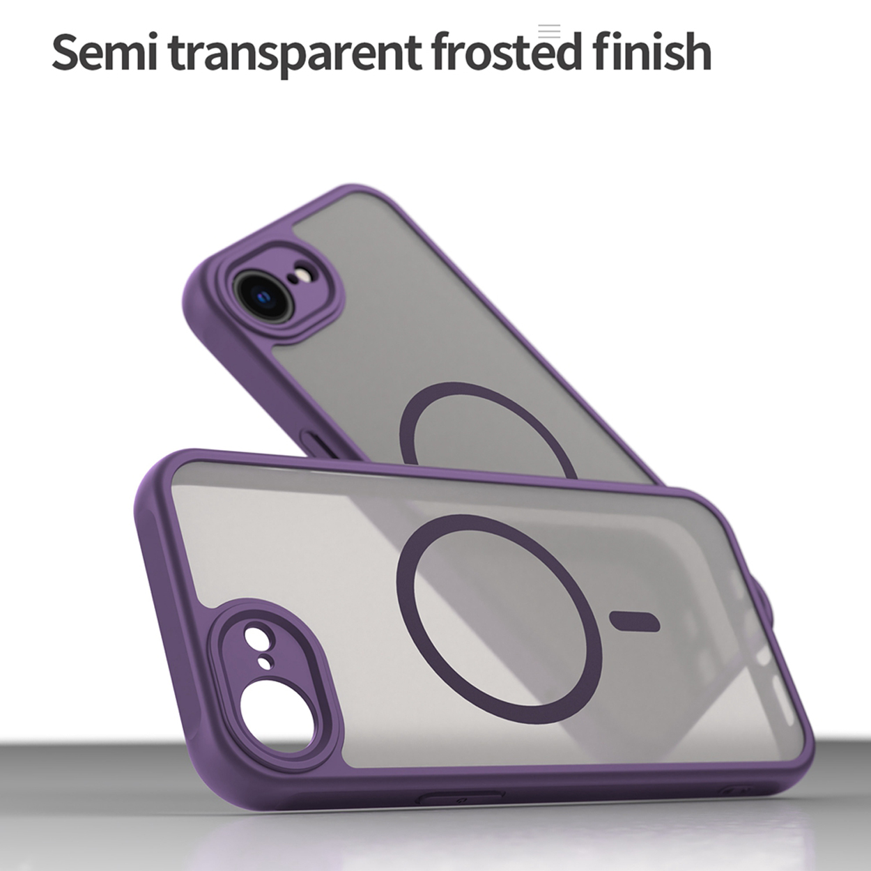 Twee paarse telefoonhoesjes, semi-transparant, op elkaar gestapeld. Een tekstoverlay zegt 'Semi-transparante matte afwerking'.