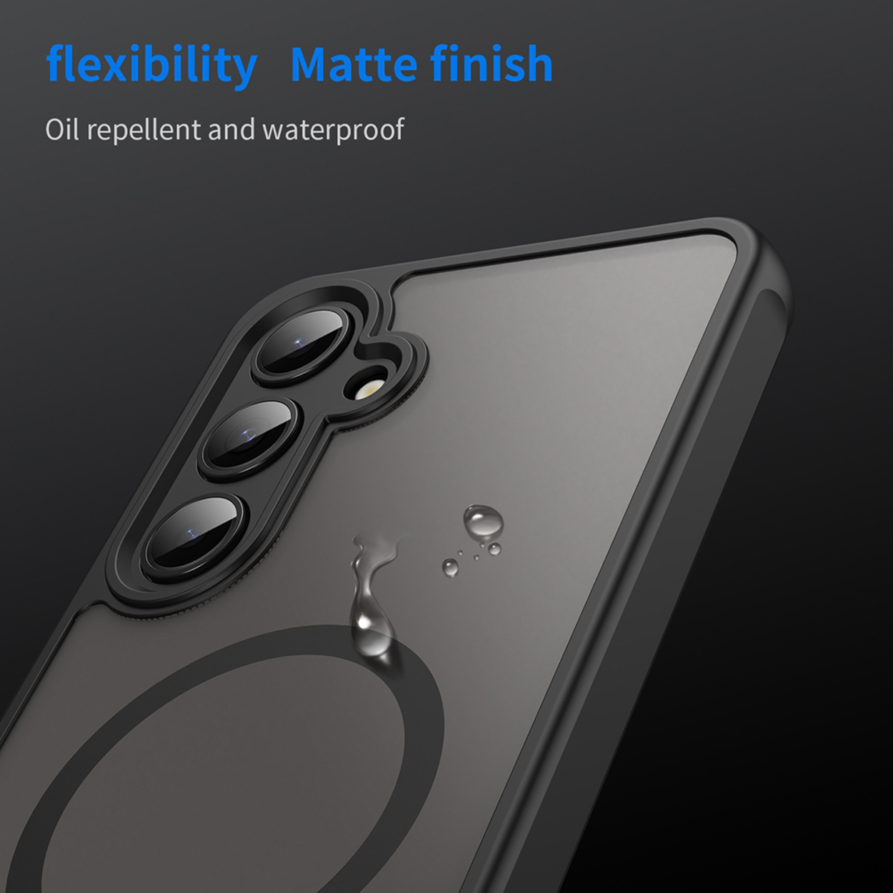 Gros plan d'une coque de téléphone, cadre noir, gouttes d'eau, avec un design circulaire et une découpe pour l'appareil photo.